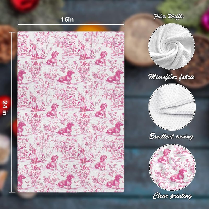 Nipil Pink Chinoiserie Golden Retriever Kitchen Towels, Pink Floral Golden Retriever Decorative Dish Tea Towels, Grandmillennial Botanical Dog Hand Towels for Kitchen Bathroom, 16x24 Inch - Image 2